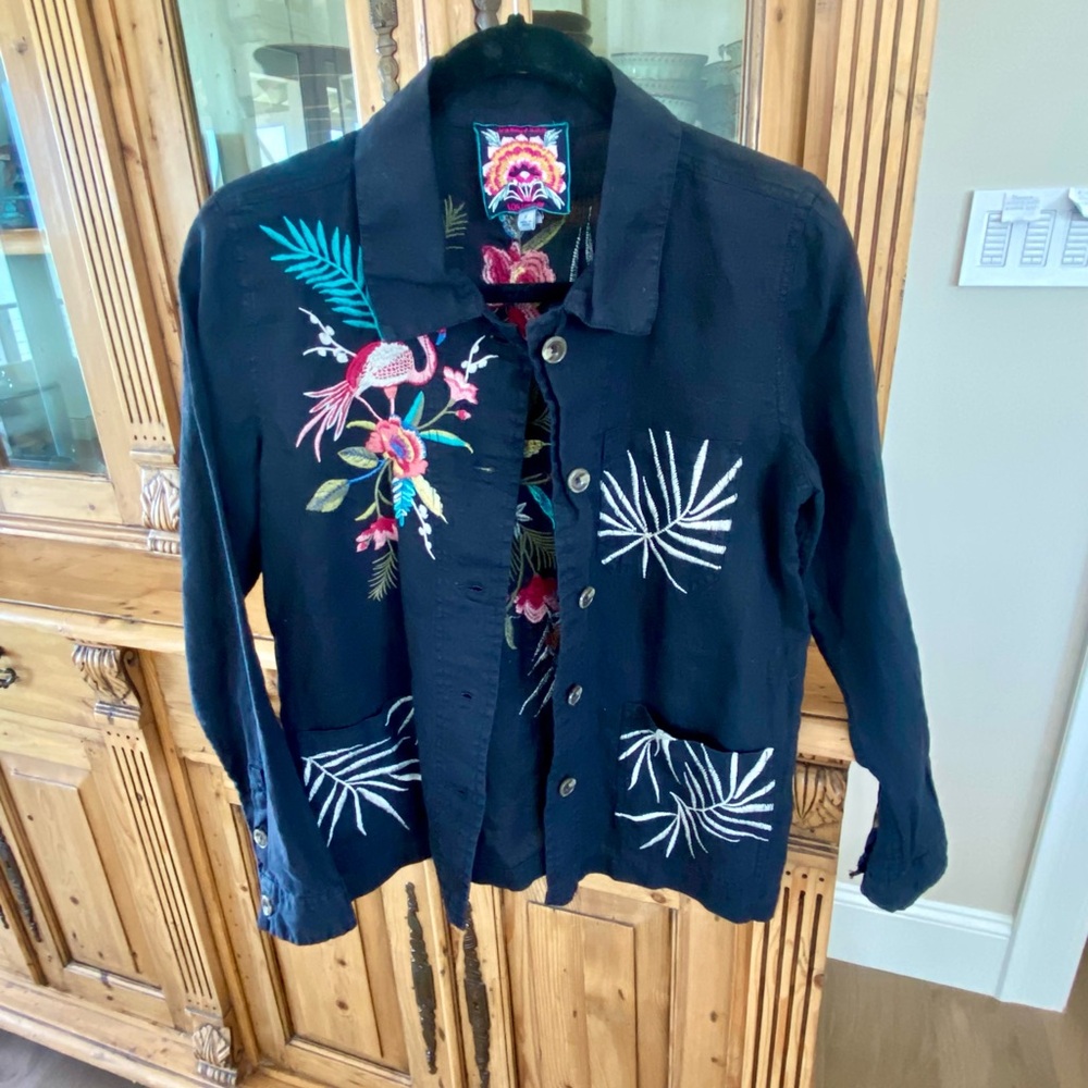 Johnny Was linen jacket, black with embroidery, size S
